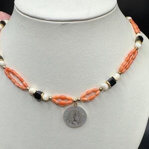 Authentic Coral Onyx Beaded Necklace with Silver clasp Gold wash 22 in long